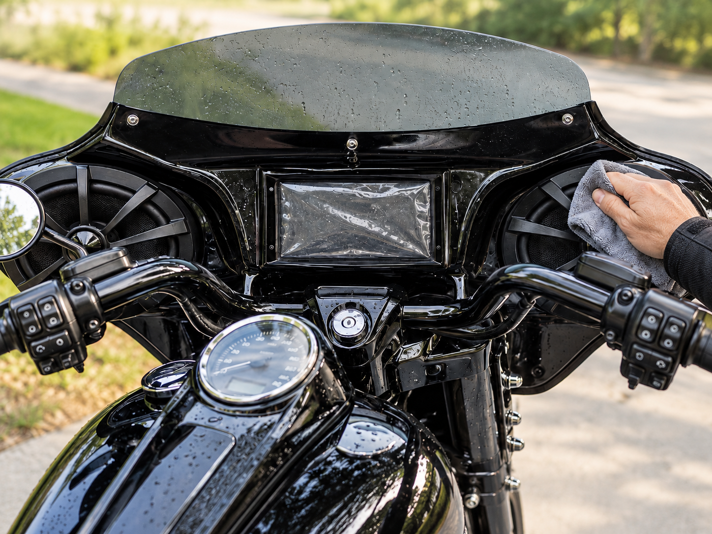 Motorcycle batwing fairing with water droplets, built-in speakers, and a covered audio receiver being cleaned with a microfiber cloth.